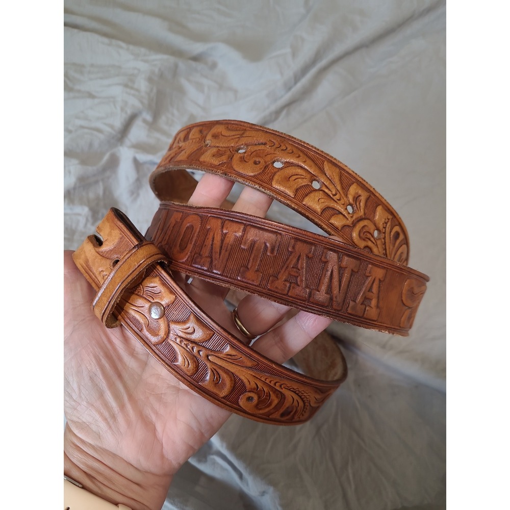 Montana Western Style Genuine Leather ornate tooled Belt Men SZ 44 no buckle